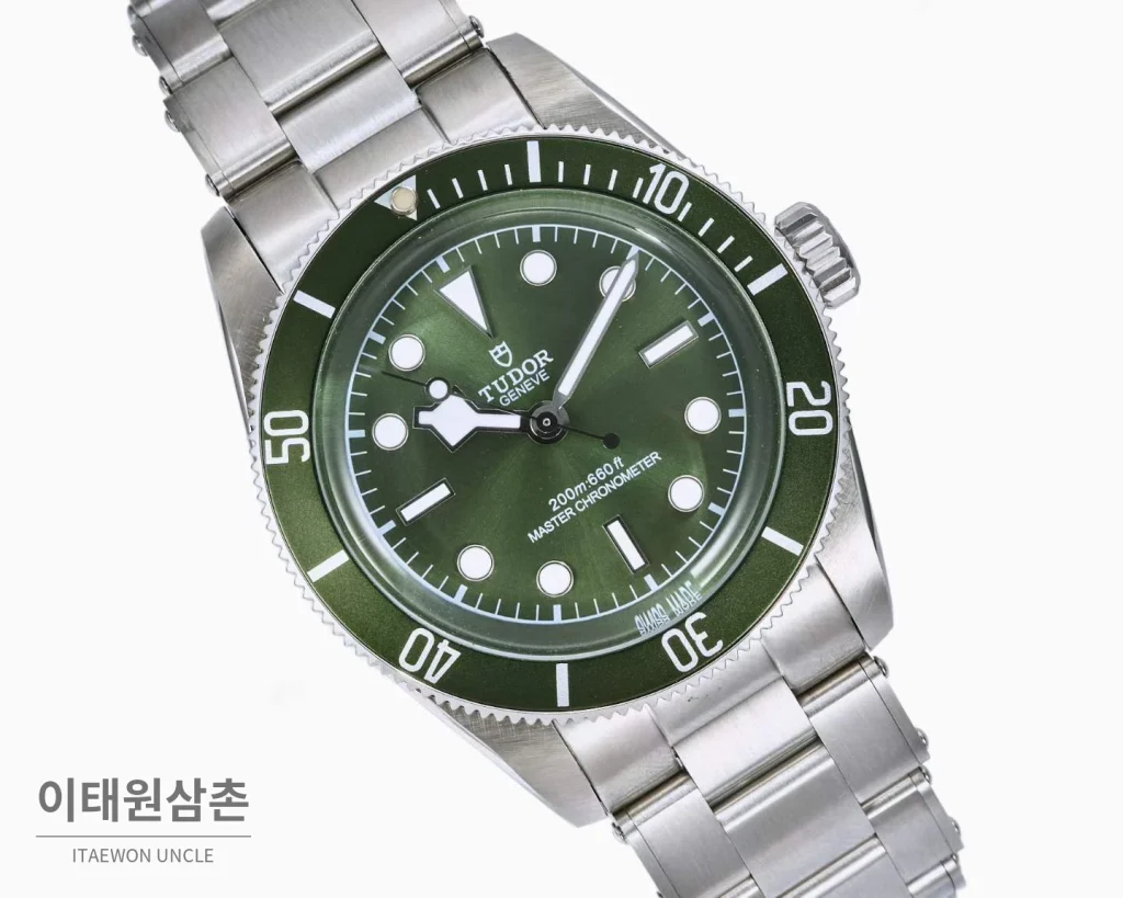 튜더 블랙베이 모노크롬 스틸 블랙다이얼 오토매틱 41mm 스틸 브레이슬릿 그린 베젤