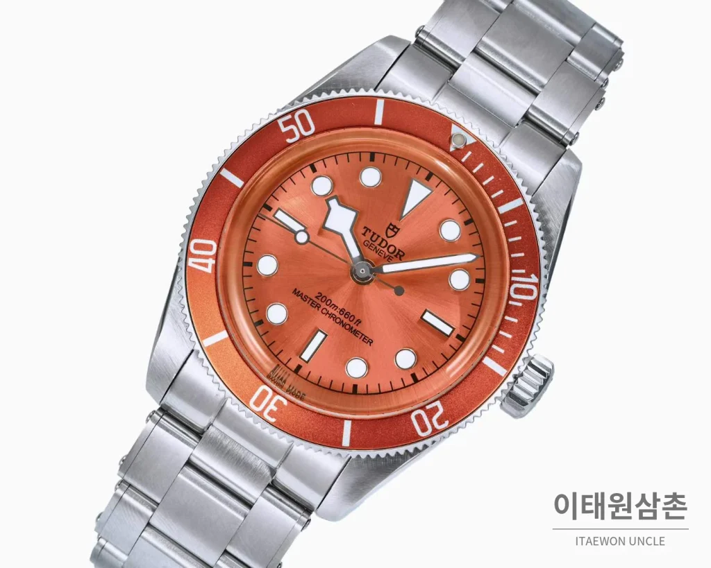 튜더 블랙베이 모노크롬 스틸 블랙다이얼 오토매틱 41mm 스틸 브레이슬릿 오렌지 베젤