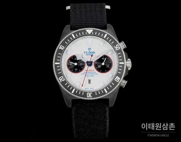튜더 펠라고스 FXD 카본 블루다이얼 크로노그래프 데이데이트 오토매틱 43mm 블랙 나일론 스트랩 그레이 베젤