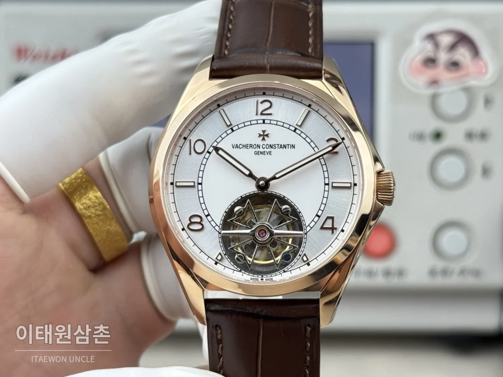 바쉐론콘스탄틴 피프티식스 18K 로즈골드 투르비용 오토매틱 41mm 실버 브라운 가죽 스트랩
