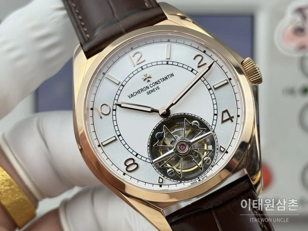 바쉐론콘스탄틴 피프티식스 18K 로즈골드 투르비용 오토매틱 41mm 실버 브라운 가죽 스트랩