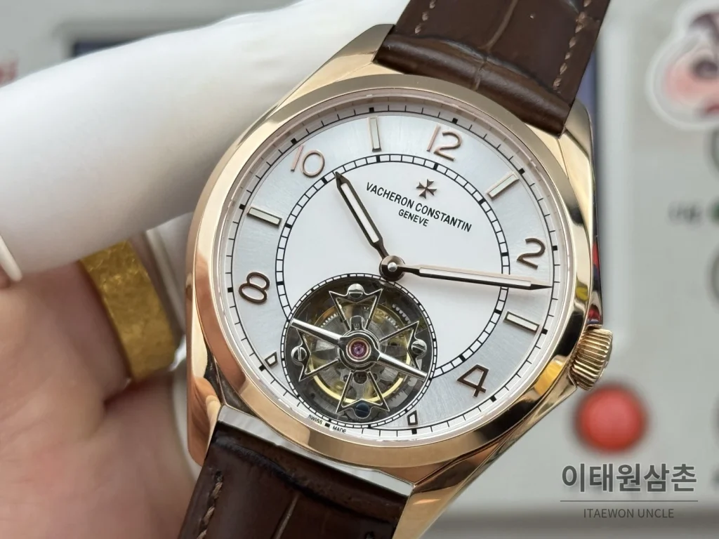 바쉐론콘스탄틴 피프티식스 18K 로즈골드 투르비용 오토매틱 41mm 실버 브라운 가죽 스트랩