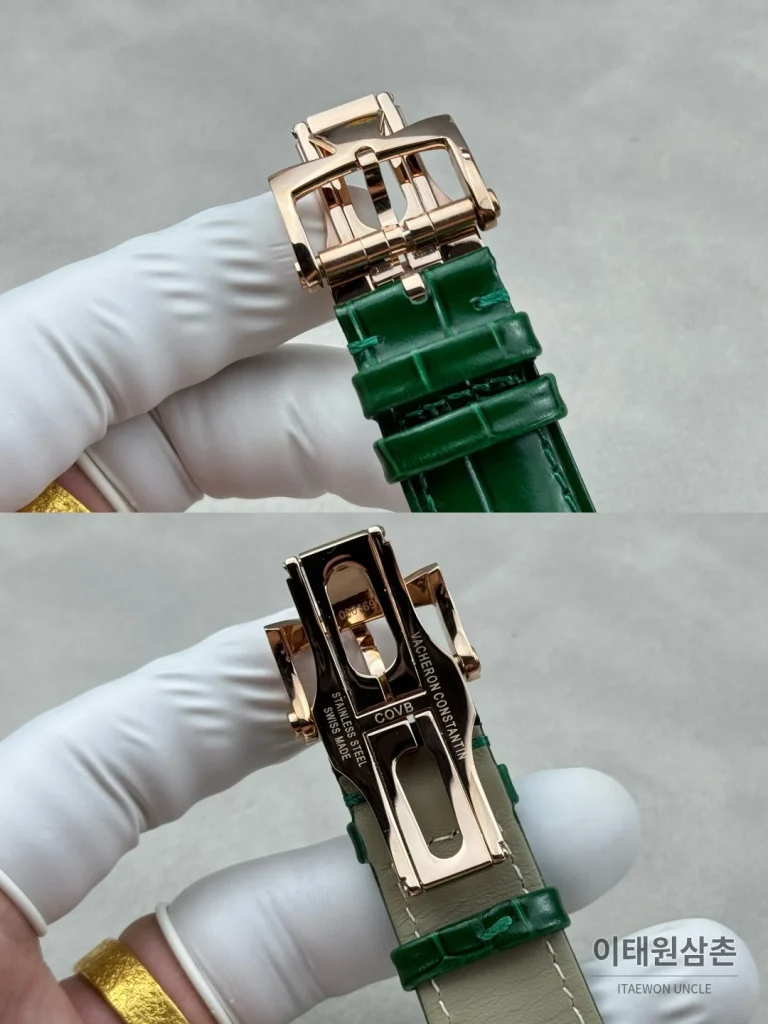 바쉐론콘스탄틴 피프티식스 18K 로즈골드 투르비용 오토매틱 41mm 실버 그린 가죽 스트랩
