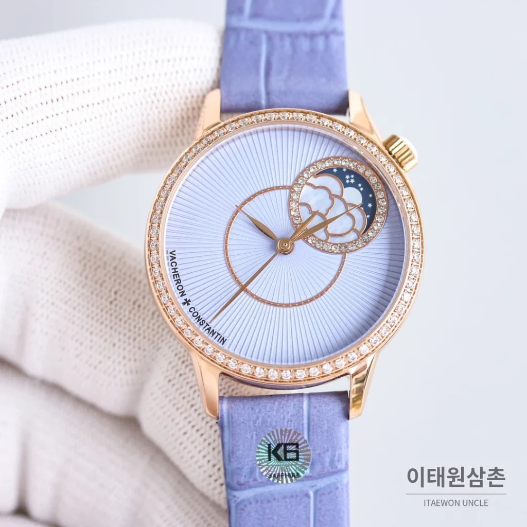 바쉐론콘스탄틴 에제리 스틸 다이아 문페이즈 오토매틱 37mm 아이스블루 다이얼 퍼플 가죽 스트랩 (2)