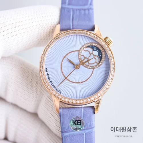 바쉐론콘스탄틴 에제리 스틸 다이아 문페이즈 오토매틱 37mm 아이스블루 다이얼 퍼플 가죽 스트랩 (2)