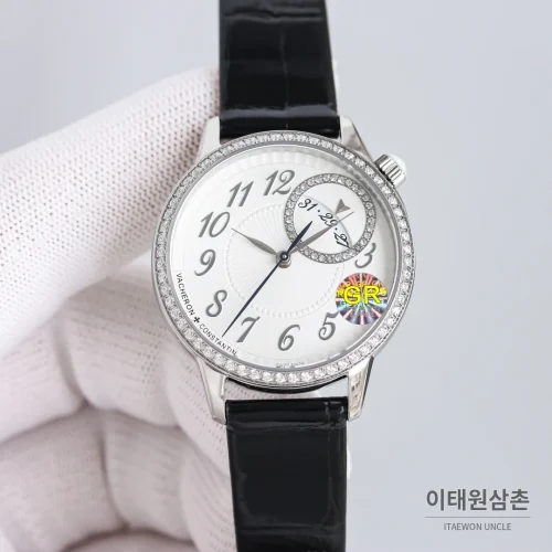 바쉐론콘스탄틴 에제리 스틸 다이아 문페이즈 오토매틱 37mm 화이트 다이얼 블랙 가죽 스트랩