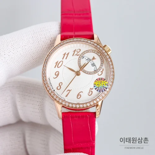 바쉐론콘스탄틴 에제리 스틸 다이아 문페이즈 오토매틱 37mm 화이트 다이얼 레드 가죽 스트랩