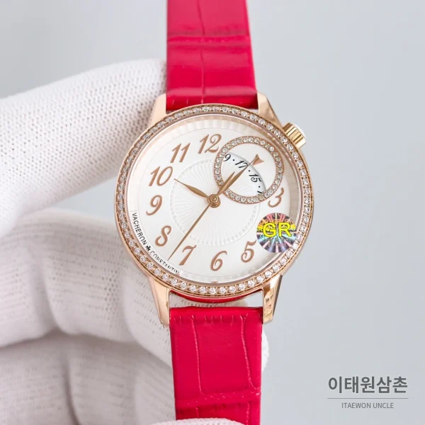 바쉐론콘스탄틴 에제리 스틸 다이아 문페이즈 오토매틱 37mm 화이트 다이얼 레드 가죽 스트랩