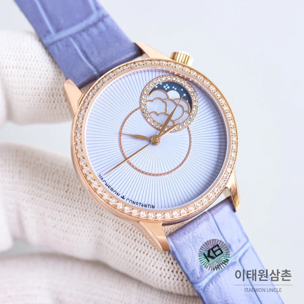 바쉐론콘스탄틴 에제리 스틸 다이아 문페이즈 오토매틱 37mm 아이스블루 다이얼 퍼플 가죽 스트랩 (2)