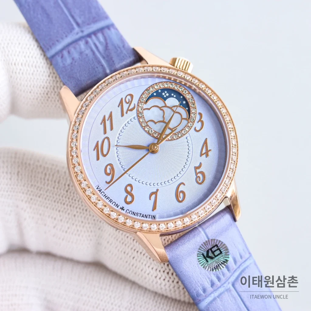 바쉐론콘스탄틴 에제리 스틸 다이아 문페이즈 오토매틱 37mm 아이스블루 다이얼 퍼플 가죽 스트랩