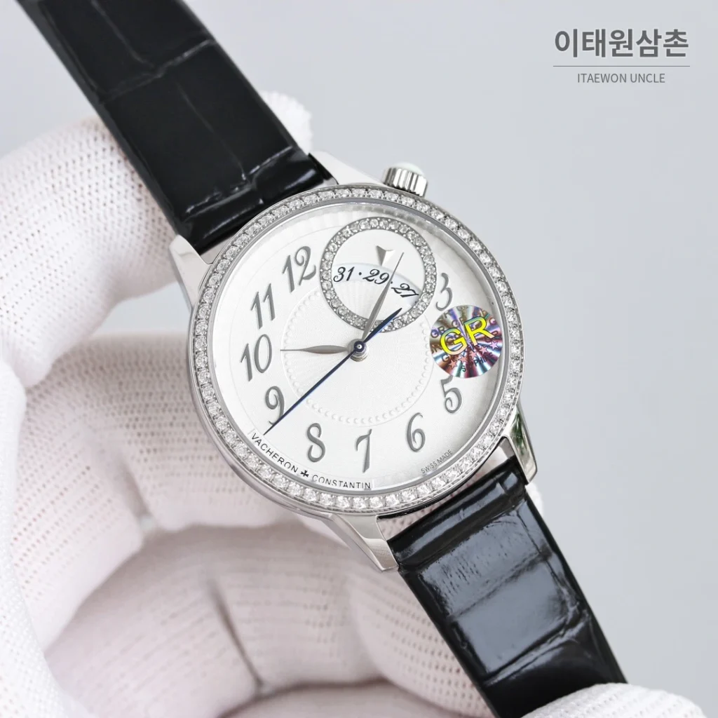 바쉐론콘스탄틴 에제리 스틸 다이아 문페이즈 오토매틱 37mm 화이트 다이얼 블랙 가죽 스트랩