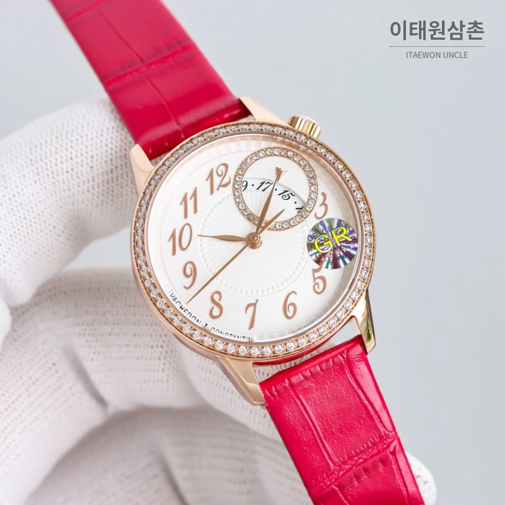 바쉐론콘스탄틴 에제리 스틸 다이아 문페이즈 오토매틱 37mm 화이트 다이얼 레드 가죽 스트랩