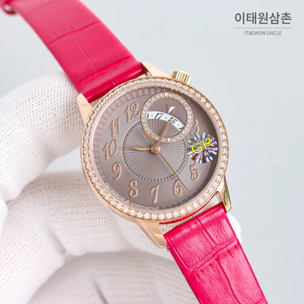 바쉐론콘스탄틴 에제리 스틸 다이아 문페이즈 오토매틱 37mm 그레이 다이얼 레드 가죽 스트랩