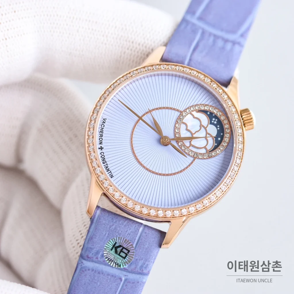 바쉐론콘스탄틴 에제리 스틸 다이아 문페이즈 오토매틱 37mm 아이스블루 다이얼 퍼플 가죽 스트랩 (2)