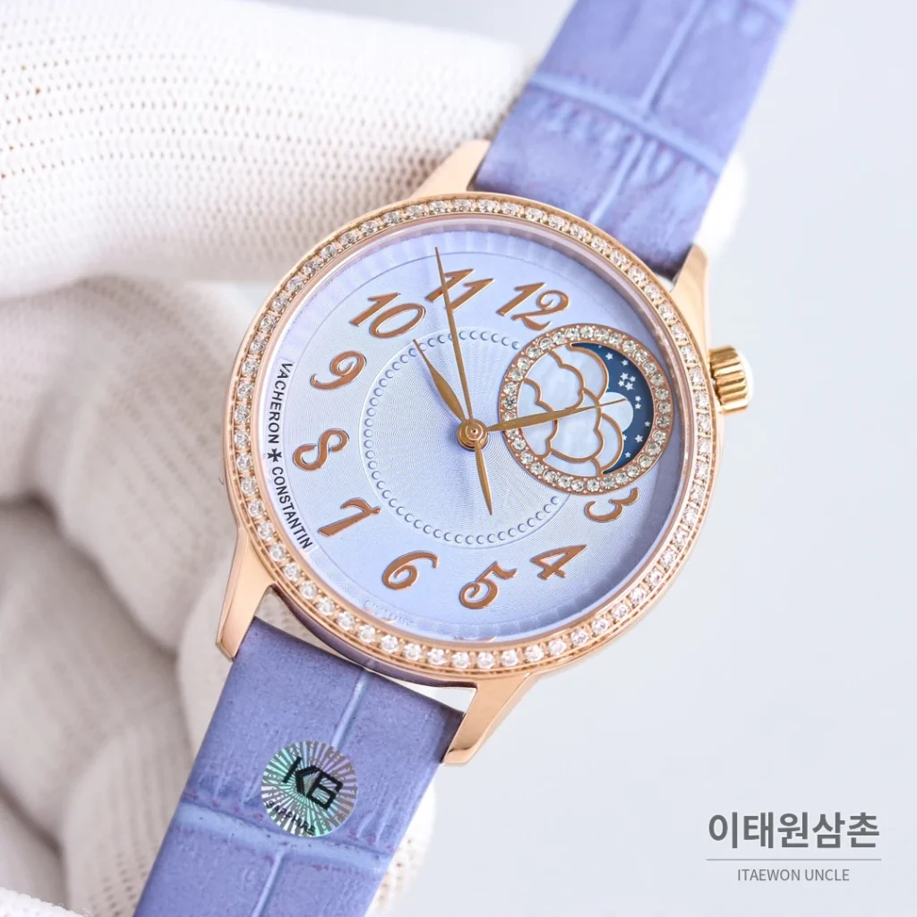 바쉐론콘스탄틴 에제리 스틸 다이아 문페이즈 오토매틱 37mm 아이스블루 다이얼 퍼플 가죽 스트랩