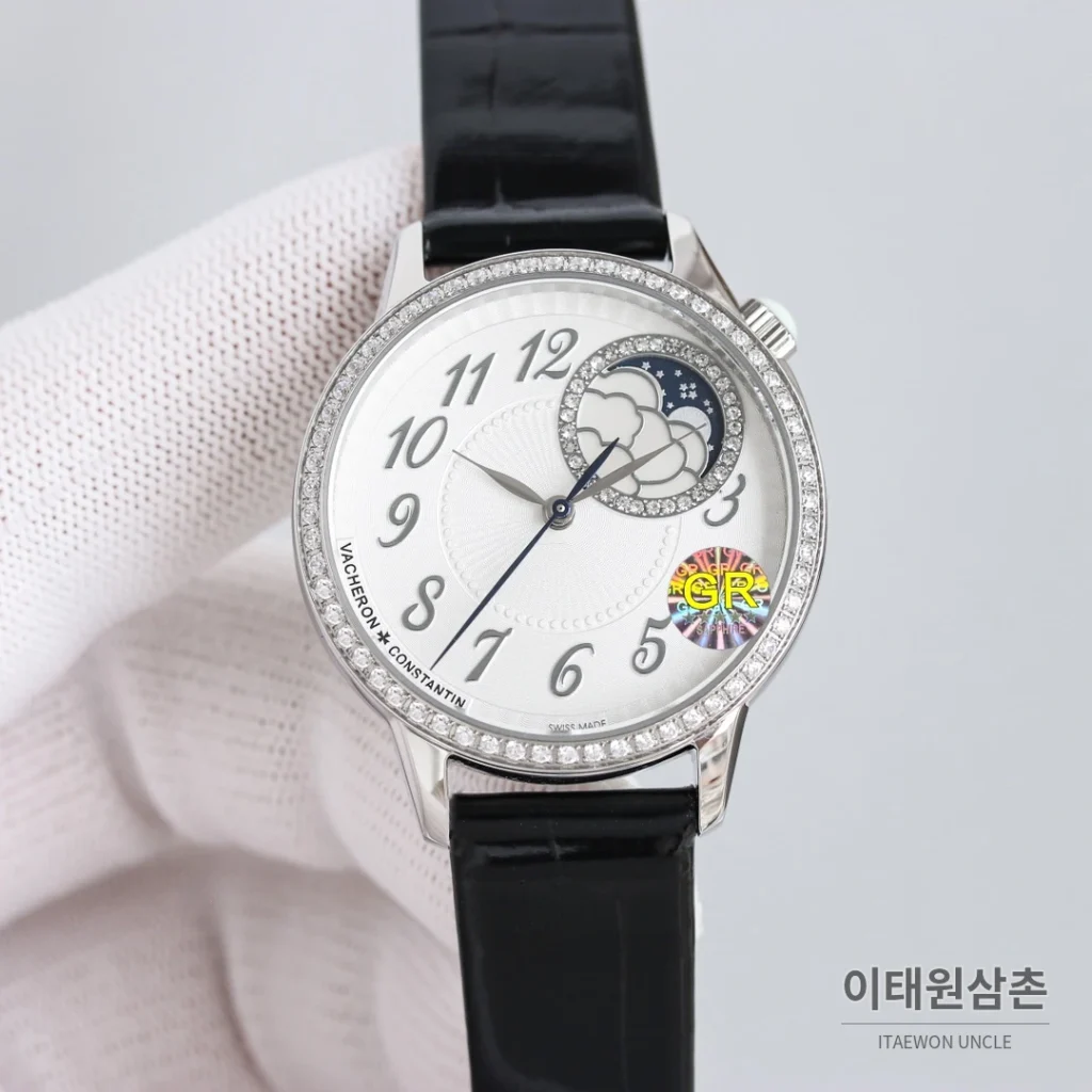 바쉐론콘스탄틴 에제리 스틸 다이아 문페이즈 오토매틱 37mm 화이트 다이얼 블랙 가죽 스트랩