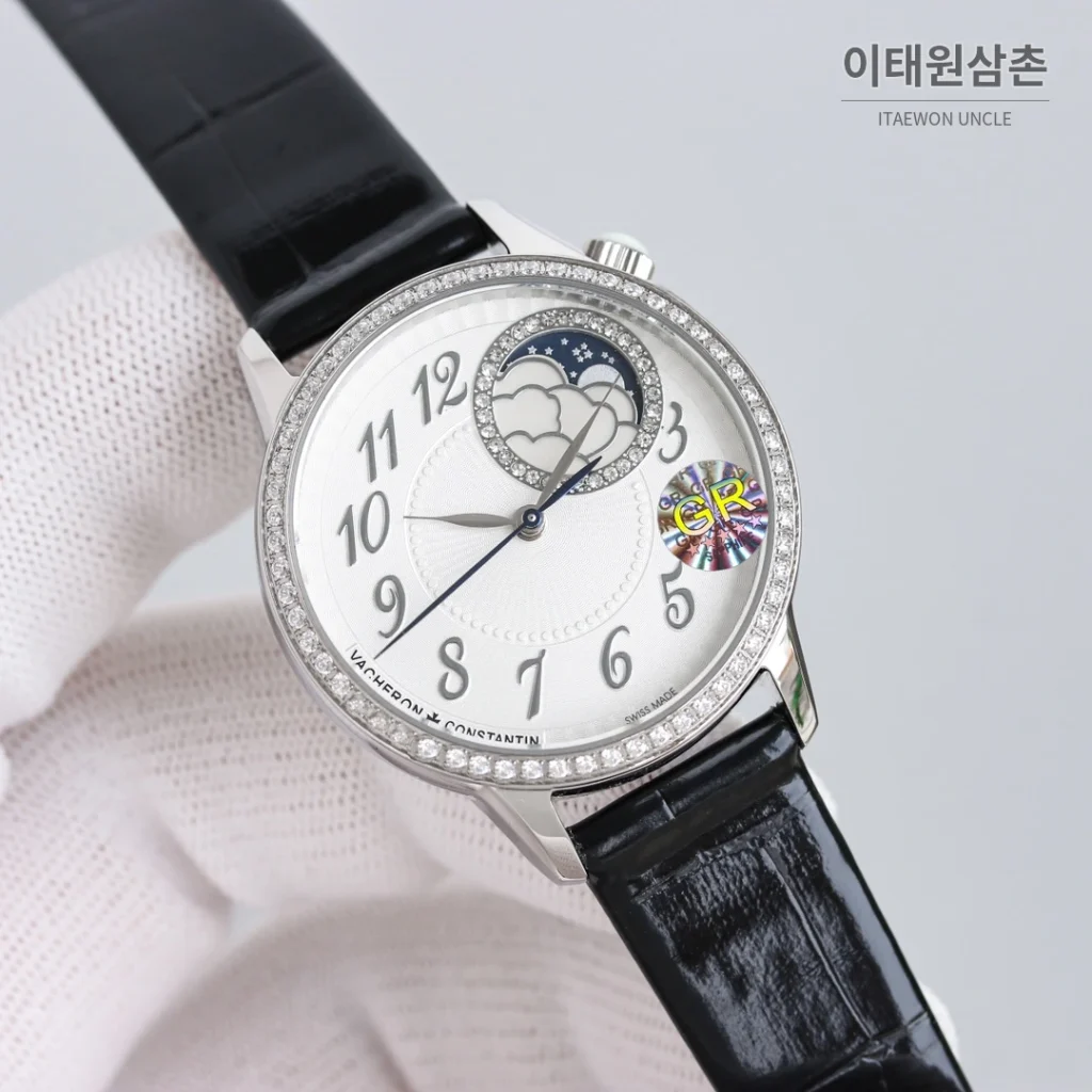 바쉐론콘스탄틴 에제리 스틸 다이아 문페이즈 오토매틱 37mm 화이트 다이얼 블랙 가죽 스트랩