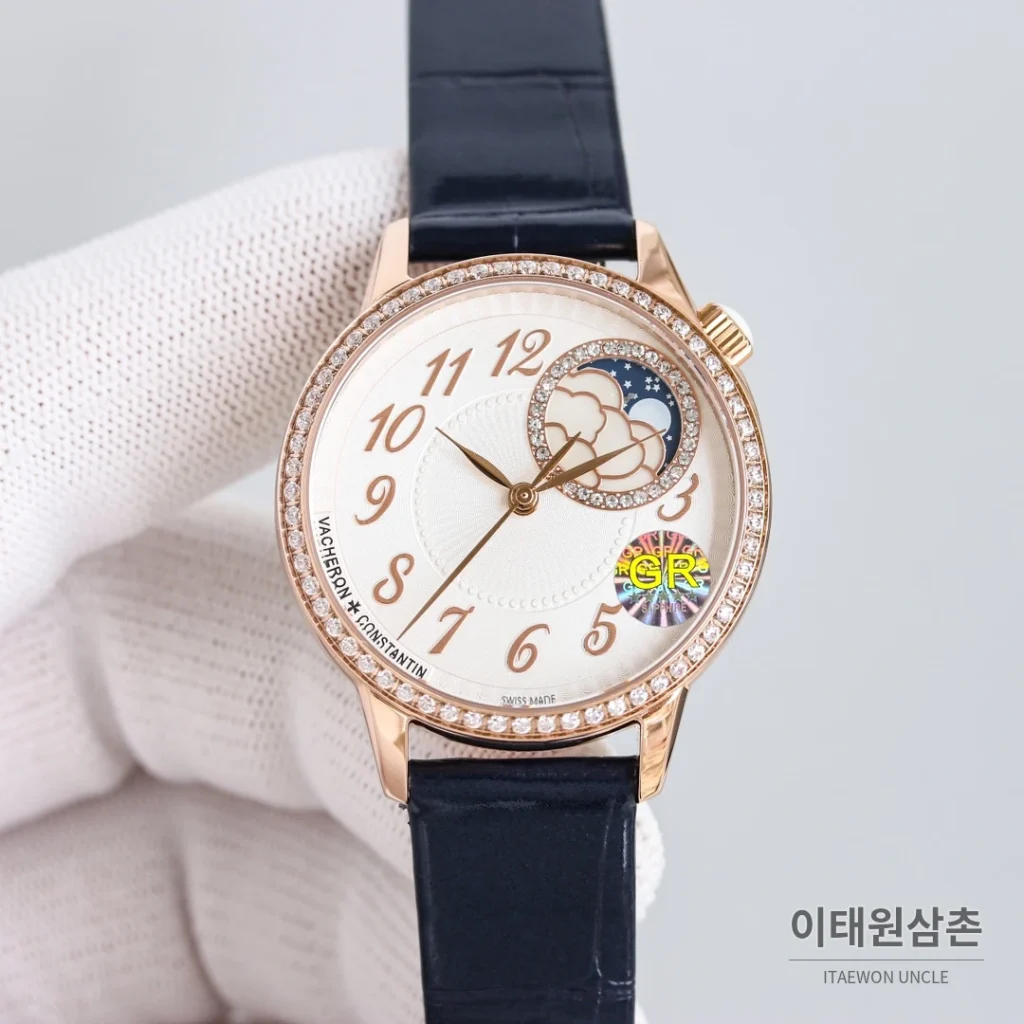 바쉐론콘스탄틴 에제리 스틸 다이아 문페이즈 오토매틱 37mm 화이트 다이얼 레드 가죽 스트랩