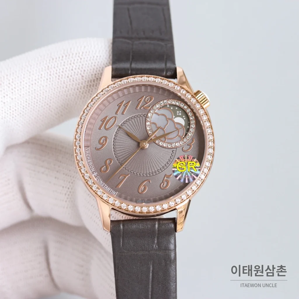 바쉐론콘스탄틴 에제리 스틸 다이아 문페이즈 오토매틱 37mm 그레이 다이얼 레드 가죽 스트랩