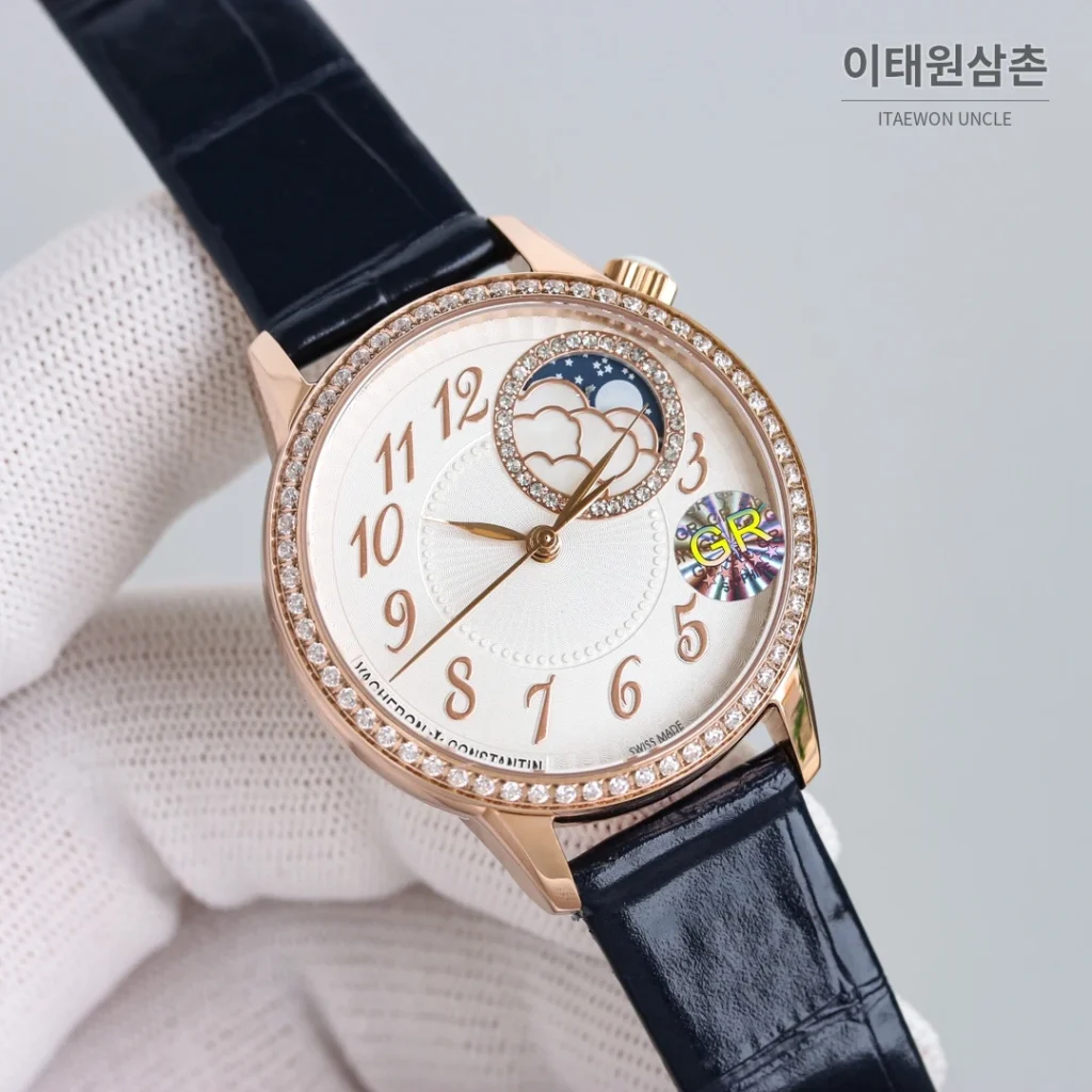 바쉐론콘스탄틴 에제리 스틸 다이아 문페이즈 오토매틱 37mm 화이트 다이얼 레드 가죽 스트랩