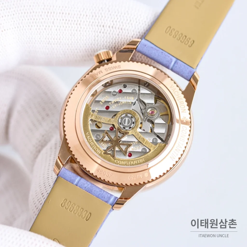 바쉐론콘스탄틴 에제리 스틸 다이아 문페이즈 오토매틱 37mm 아이스블루 다이얼 퍼플 가죽 스트랩 (2)