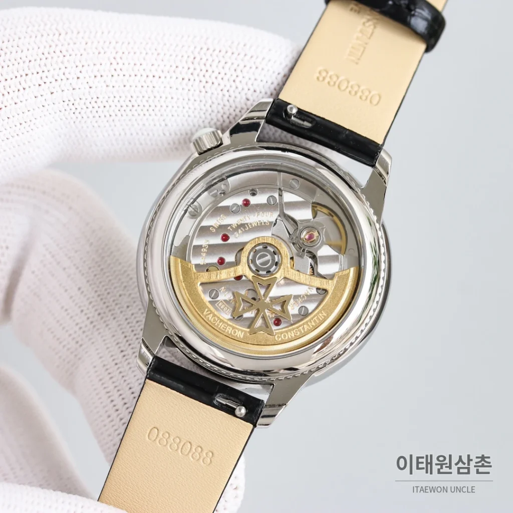 바쉐론콘스탄틴 에제리 스틸 다이아 문페이즈 오토매틱 37mm 화이트 다이얼 블랙 가죽 스트랩