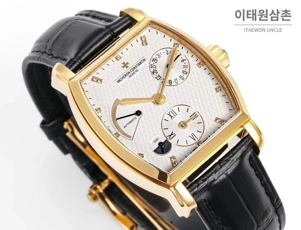 바쉐론콘스탄틴 말테 옐로우골드 베젤 화이트다이얼 듀얼타임 오토매틱 48mm 블랙 가죽 스트랩