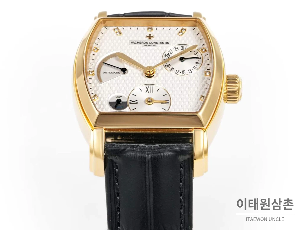 바쉐론콘스탄틴 말테 옐로우골드 베젤 화이트다이얼 듀얼타임 오토매틱 48mm 블랙 가죽 스트랩