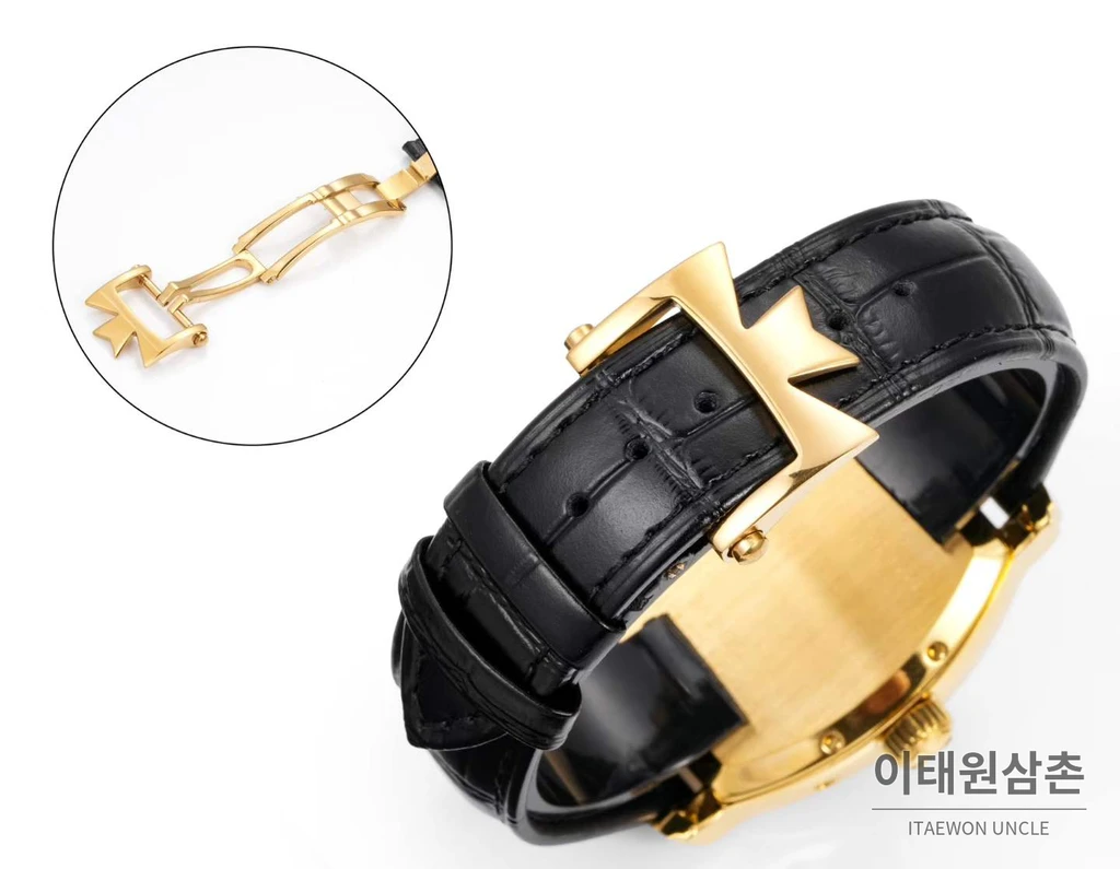 바쉐론콘스탄틴 말테 옐로우골드 베젤 화이트다이얼 듀얼타임 오토매틱 48mm 블랙 가죽 스트랩