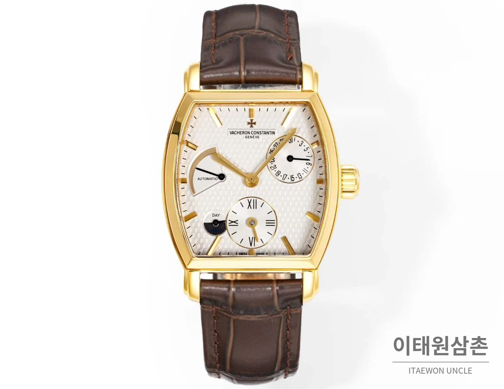 바쉐론콘스탄틴 말테 옐로우골드 베젤 화이트다이얼 듀얼타임 오토매틱 48mm 브라운 가죽 스트랩