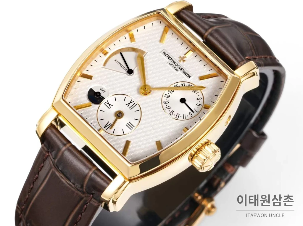 바쉐론콘스탄틴 말테 옐로우골드 베젤 화이트다이얼 듀얼타임 오토매틱 48mm 브라운 가죽 스트랩