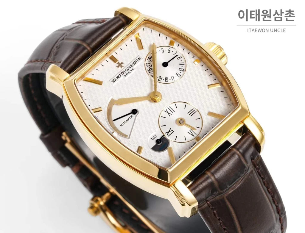 바쉐론콘스탄틴 말테 옐로우골드 베젤 화이트다이얼 듀얼타임 오토매틱 48mm 브라운 가죽 스트랩