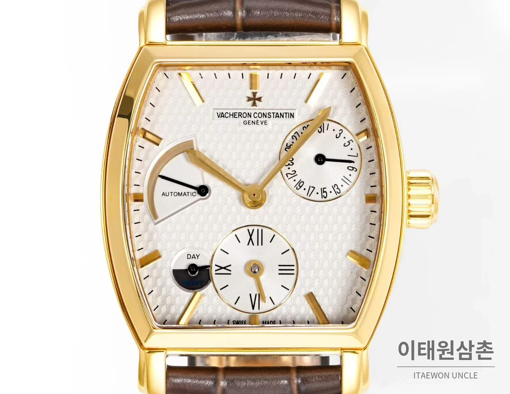 바쉐론콘스탄틴 말테 옐로우골드 베젤 화이트다이얼 듀얼타임 오토매틱 48mm 브라운 가죽 스트랩