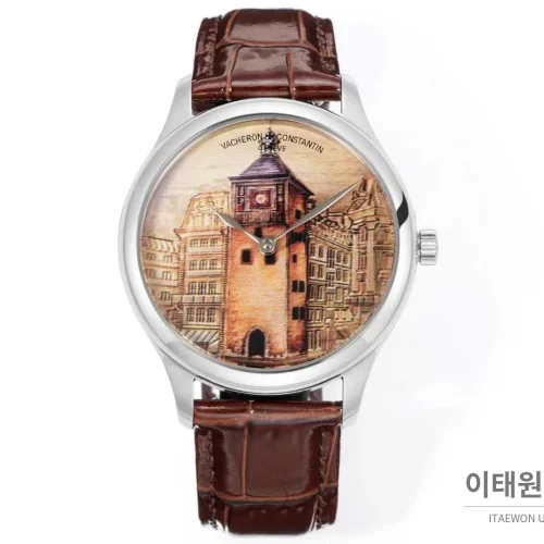 바쉐론콘스탄틴 메티에다르 스틸 블루다이얼 미니멀 오토매틱 40mm 브라운 가죽 스트랩