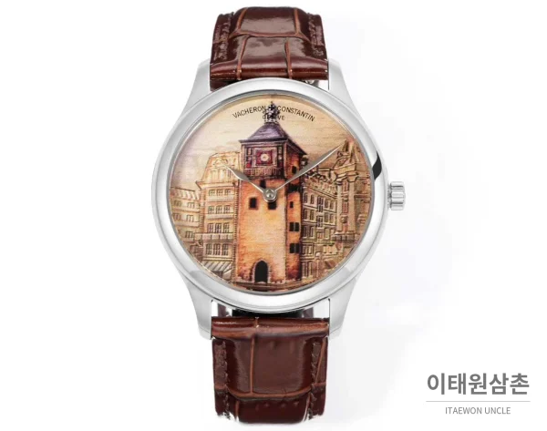 바쉐론콘스탄틴 메티에다르 스틸 블루다이얼 미니멀 오토매틱 40mm 브라운 가죽 스트랩