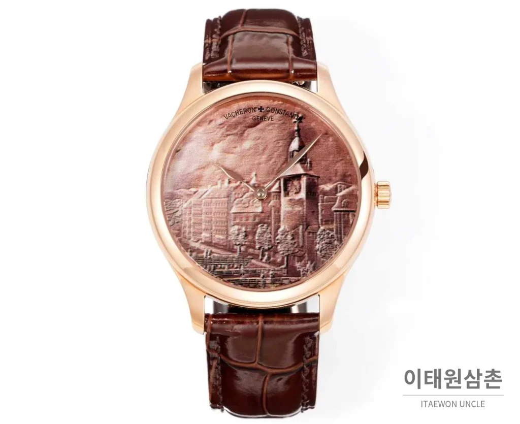 바쉐론콘스탄틴 메티에다르 스틸 블루다이얼 미니멀 오토매틱 40mm 브라운 가죽 스트랩 로즈골드 베젤