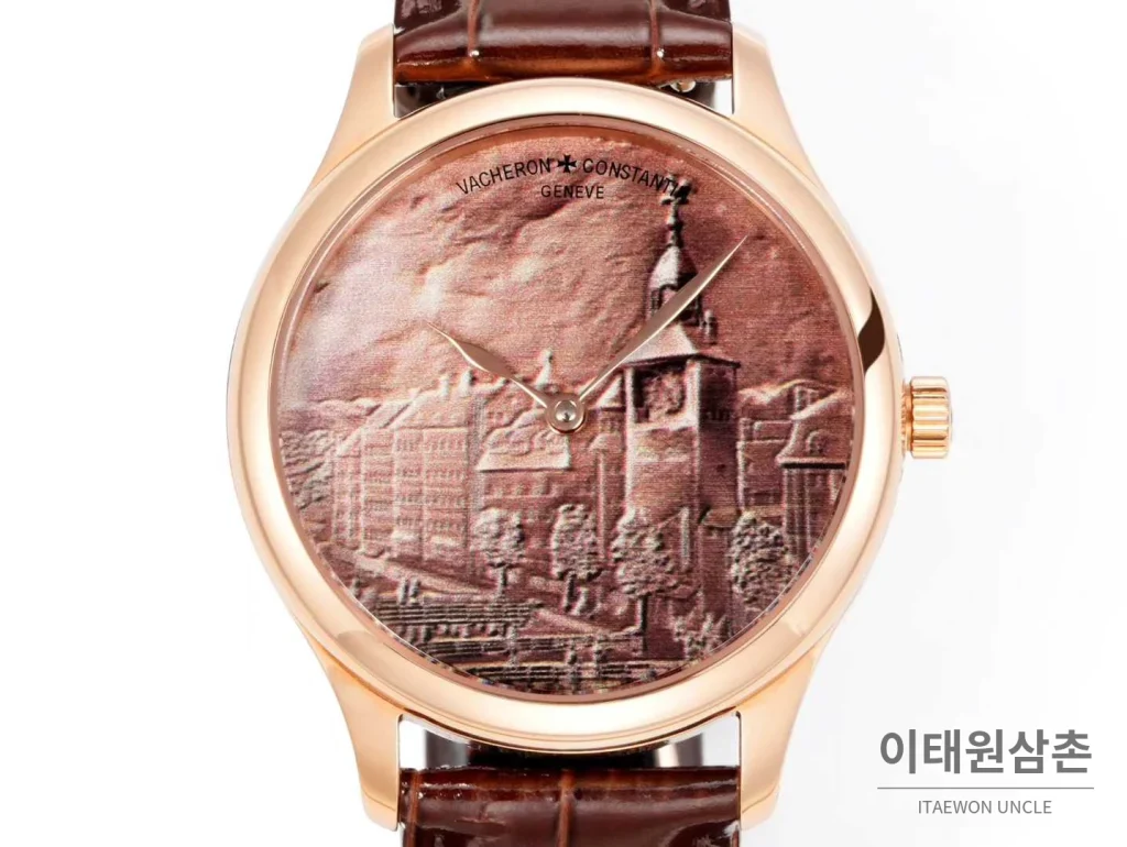 바쉐론콘스탄틴 메티에다르 스틸 블루다이얼 미니멀 오토매틱 40mm 브라운 가죽 스트랩 로즈골드 베젤