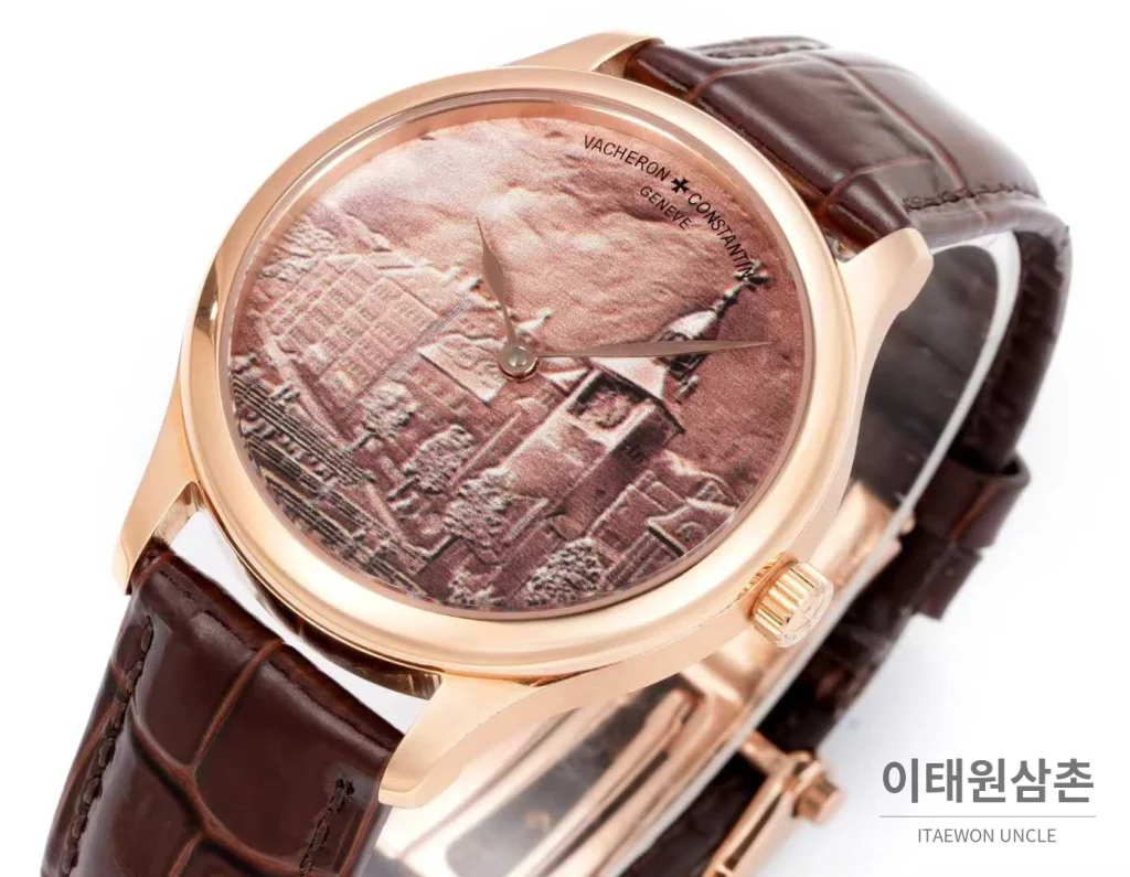 바쉐론콘스탄틴 메티에다르 스틸 블루다이얼 미니멀 오토매틱 40mm 브라운 가죽 스트랩 로즈골드 베젤
