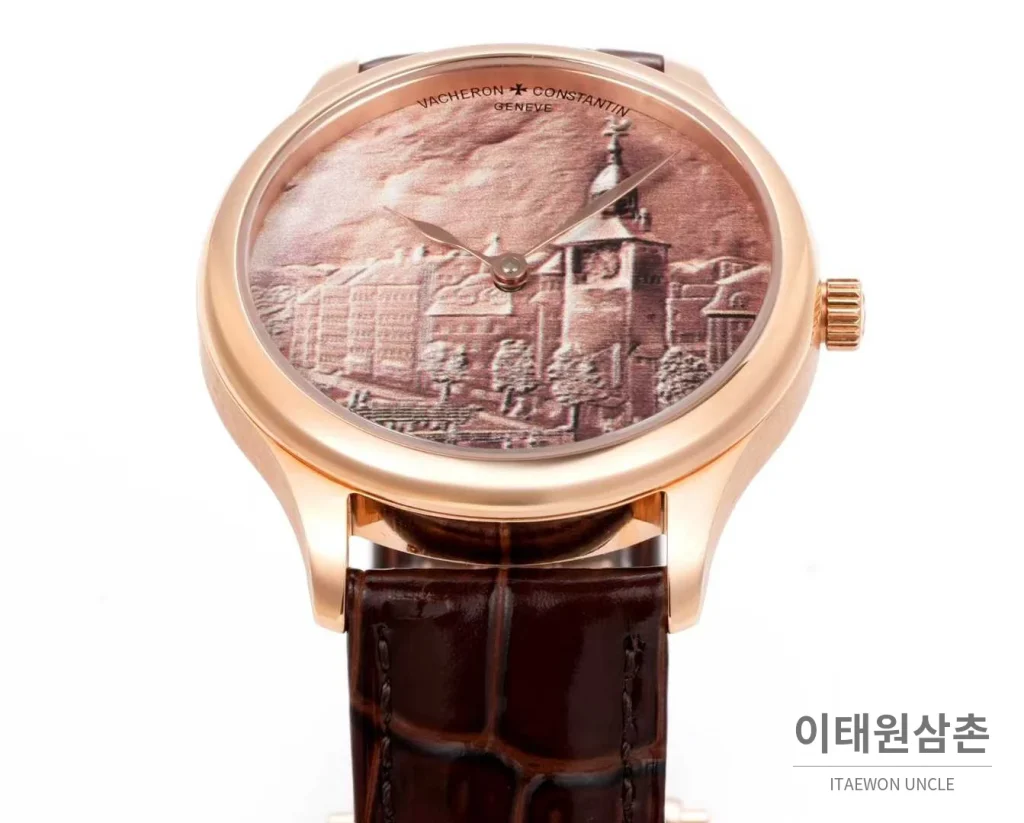 바쉐론콘스탄틴 메티에다르 스틸 블루다이얼 미니멀 오토매틱 40mm 브라운 가죽 스트랩 로즈골드 베젤