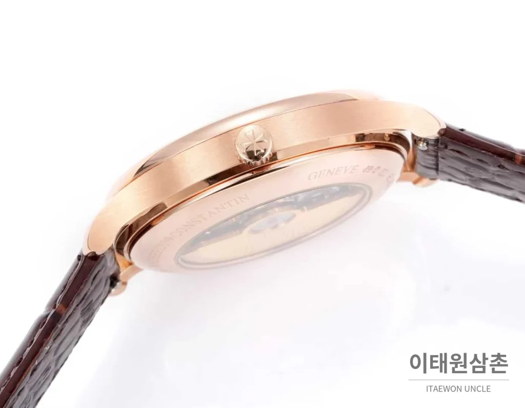 바쉐론콘스탄틴 메티에다르 스틸 블루다이얼 미니멀 오토매틱 40mm 브라운 가죽 스트랩 로즈골드 베젤