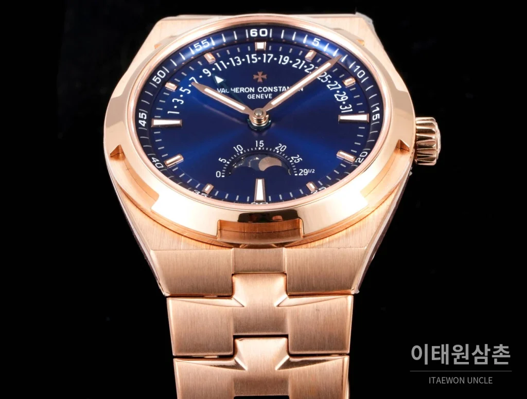 바쉐론콘스탄틴 오버시즈 레트로그레이드 데이트 오토매틱 41mm 블루 로즈골드 브레이슬릿 로즈골드 베젤