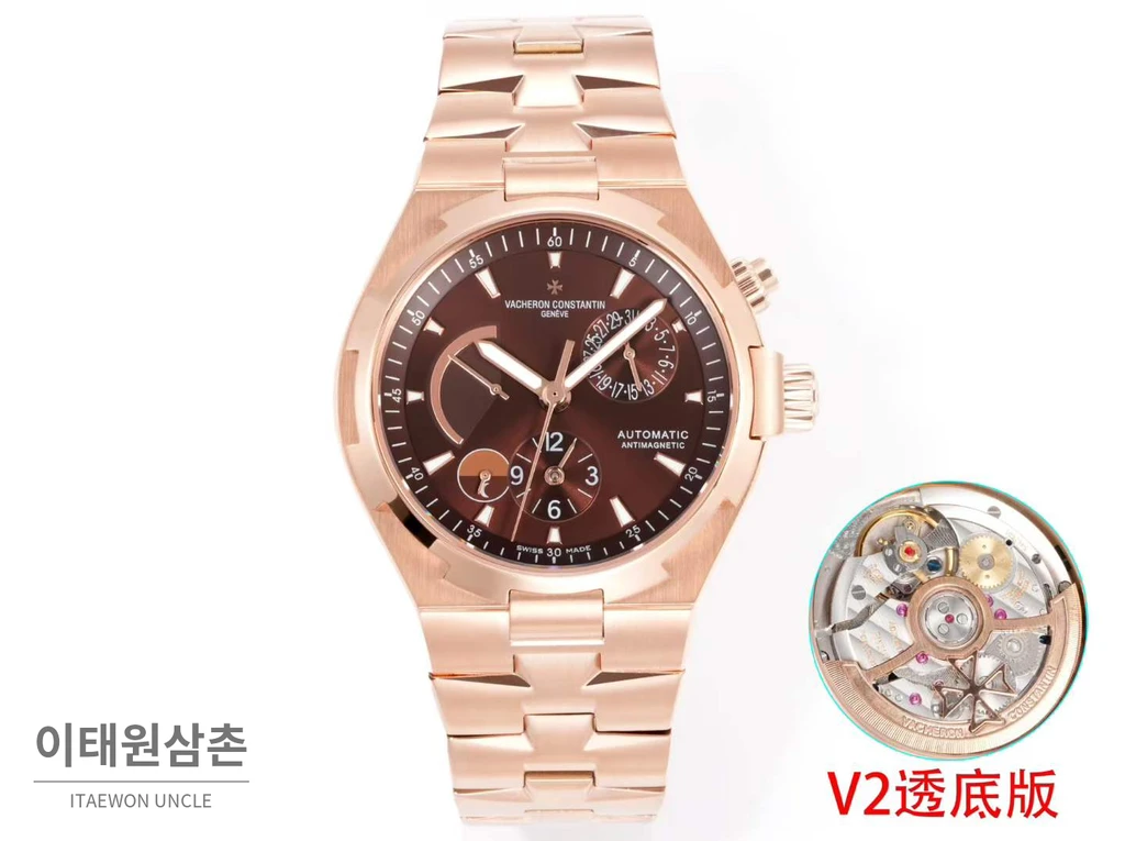 바쉐론콘스탄틴 오버시즈 로즈골드스틸 듀얼타임 브라운다이얼 스틸밴드 오토매틱 42mm