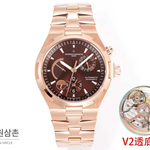 바쉐론콘스탄틴 오버시즈 로즈골드스틸 듀얼타임 브라운다이얼 스틸밴드 오토매틱 42mm