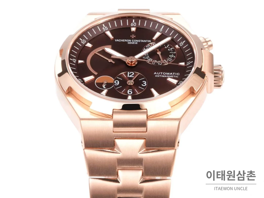 바쉐론콘스탄틴 오버시즈 로즈골드스틸 듀얼타임 브라운다이얼 스틸밴드 오토매틱 42mm