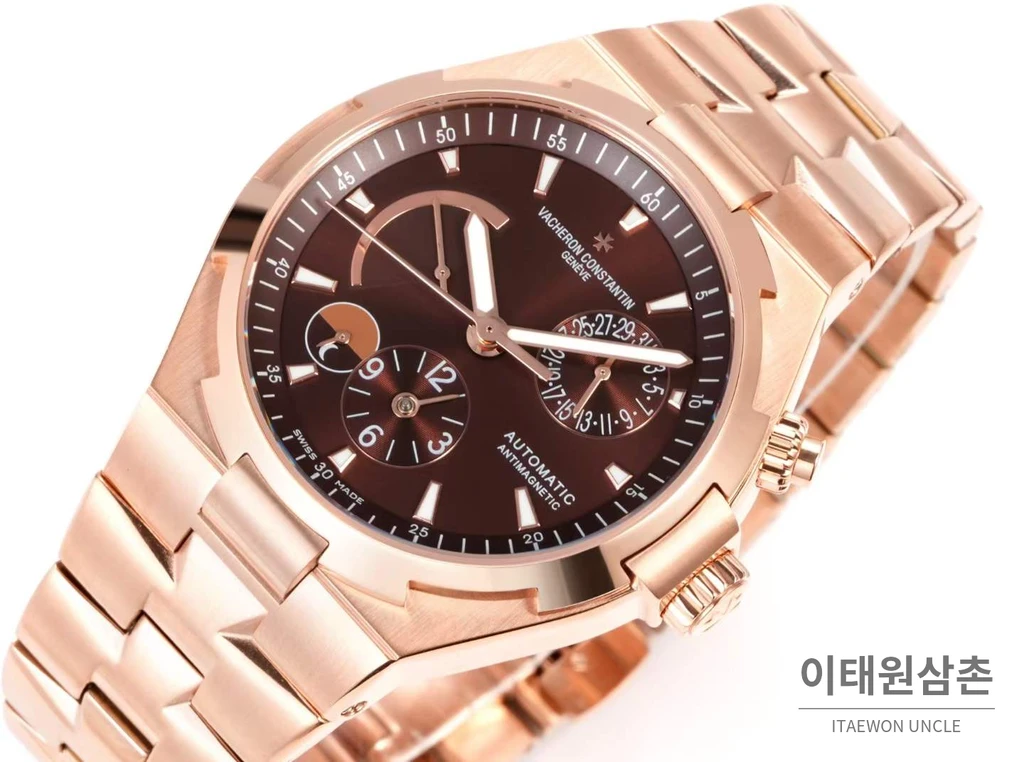 바쉐론콘스탄틴 오버시즈 로즈골드스틸 듀얼타임 브라운다이얼 스틸밴드 오토매틱 42mm