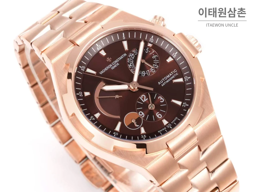 바쉐론콘스탄틴 오버시즈 로즈골드스틸 듀얼타임 브라운다이얼 스틸밴드 오토매틱 42mm