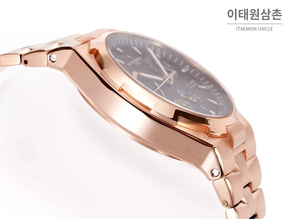 바쉐론콘스탄틴 오버시즈 로즈골드스틸 듀얼타임 브라운다이얼 스틸밴드 오토매틱 42mm