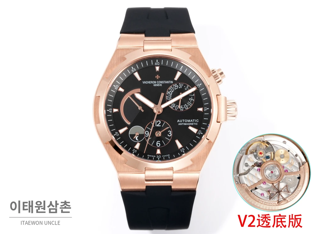 바쉐론콘스탄틴 오버시즈 로즈골드스틸 듀얼타임 블랙다이얼 러버밴드 오토매틱 42mm (2)