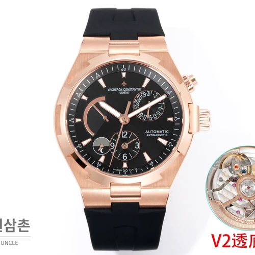바쉐론콘스탄틴 오버시즈 로즈골드스틸 듀얼타임 블랙다이얼 러버밴드 오토매틱 42mm (2)