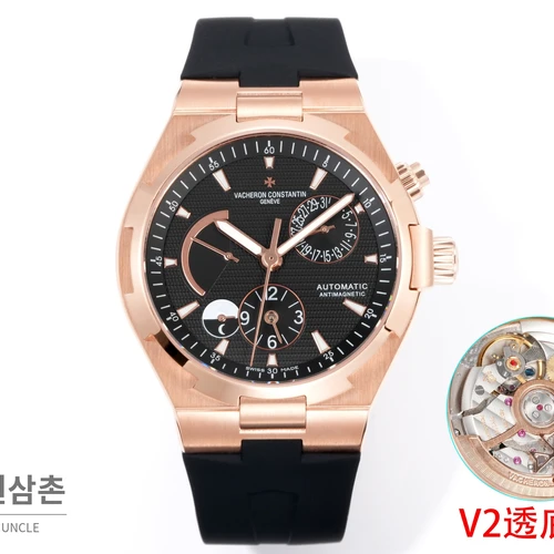 바쉐론콘스탄틴 오버시즈 로즈골드스틸 듀얼타임 블랙다이얼 러버밴드 오토매틱 42mm
